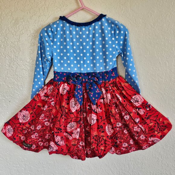 Girls Long-Sleeve Blue Polka Dot & Red Floral Dress With Back Bow - Matilda Jane - Picture 5 of 8